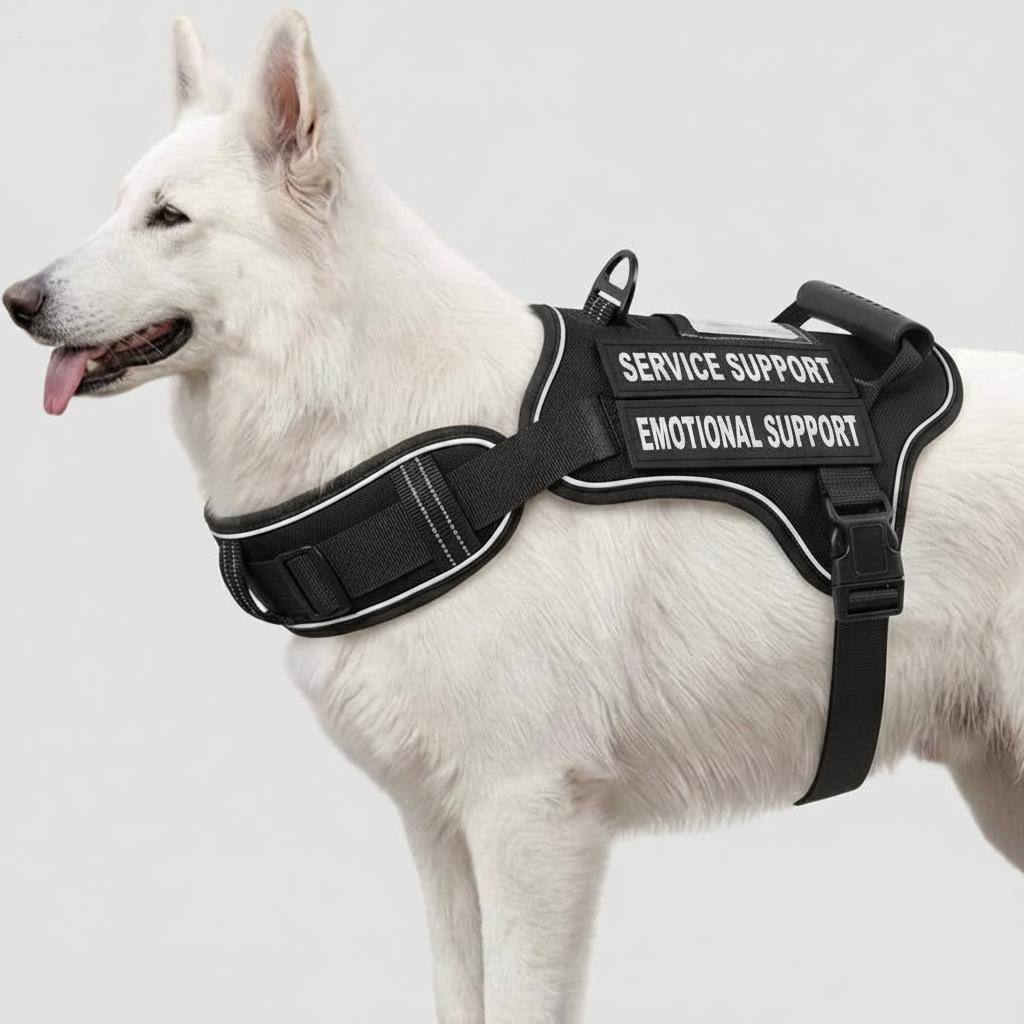 White Swiss Shepherd wearing black tactical no-pull dog harness with Service Support and Emotional Support patches and top handle