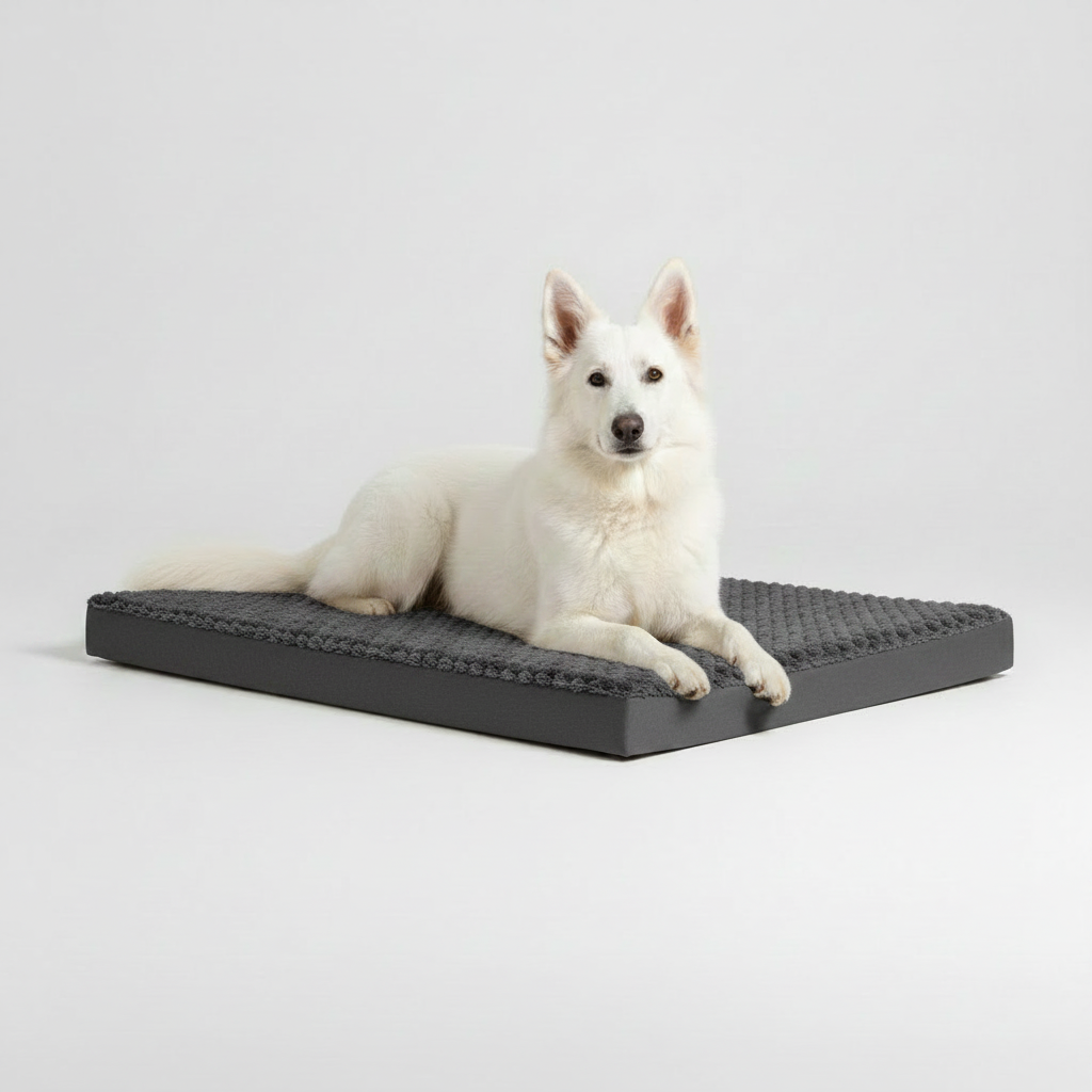 White Swiss Shepherd lying on dark gray waterproof orthopedic dog bed mat