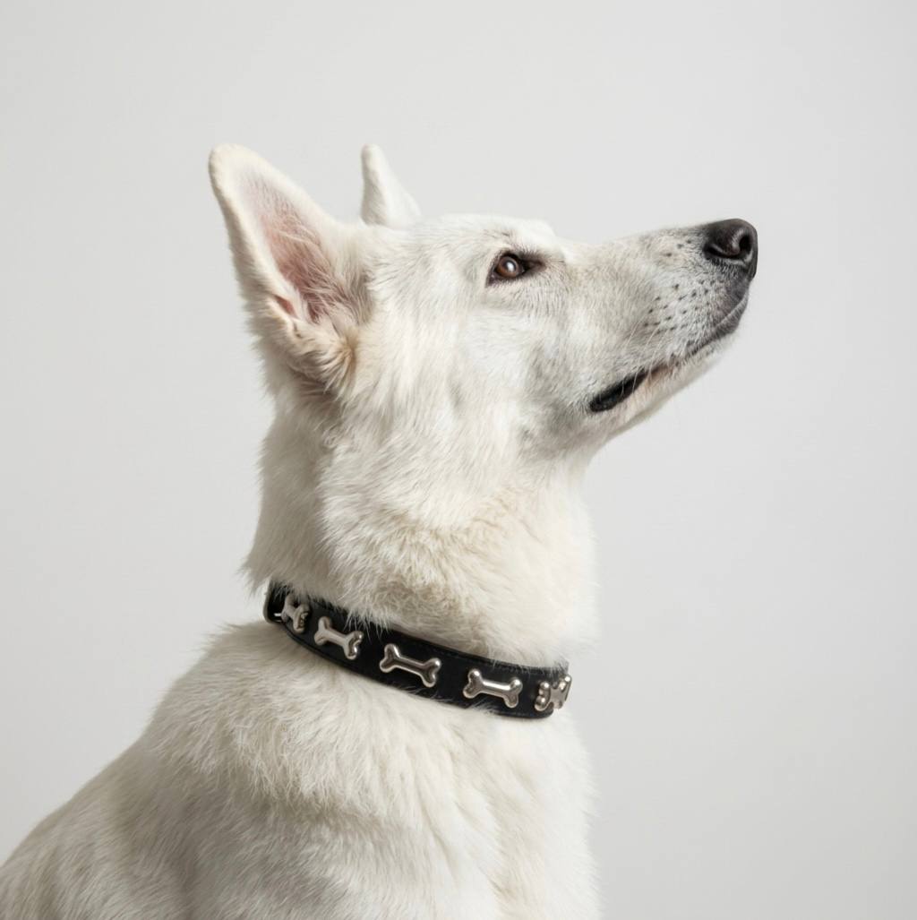 White Swiss Shepherd wearing black leather dog collar with silver bone-shaped studs
