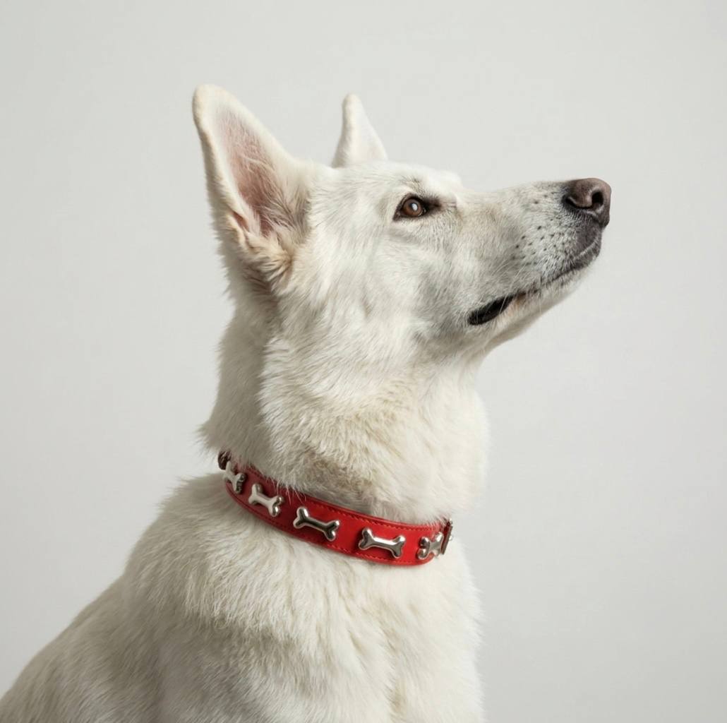 White Swiss Shepherd wearing red leather dog collar with silver bone-shaped studs